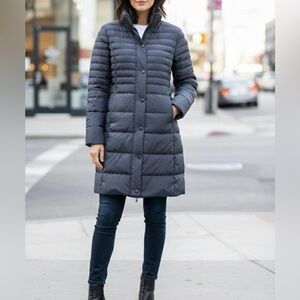 Virginia Blu Elegant Women's Long Gray Puffer Jacket Navy Blue Sz L